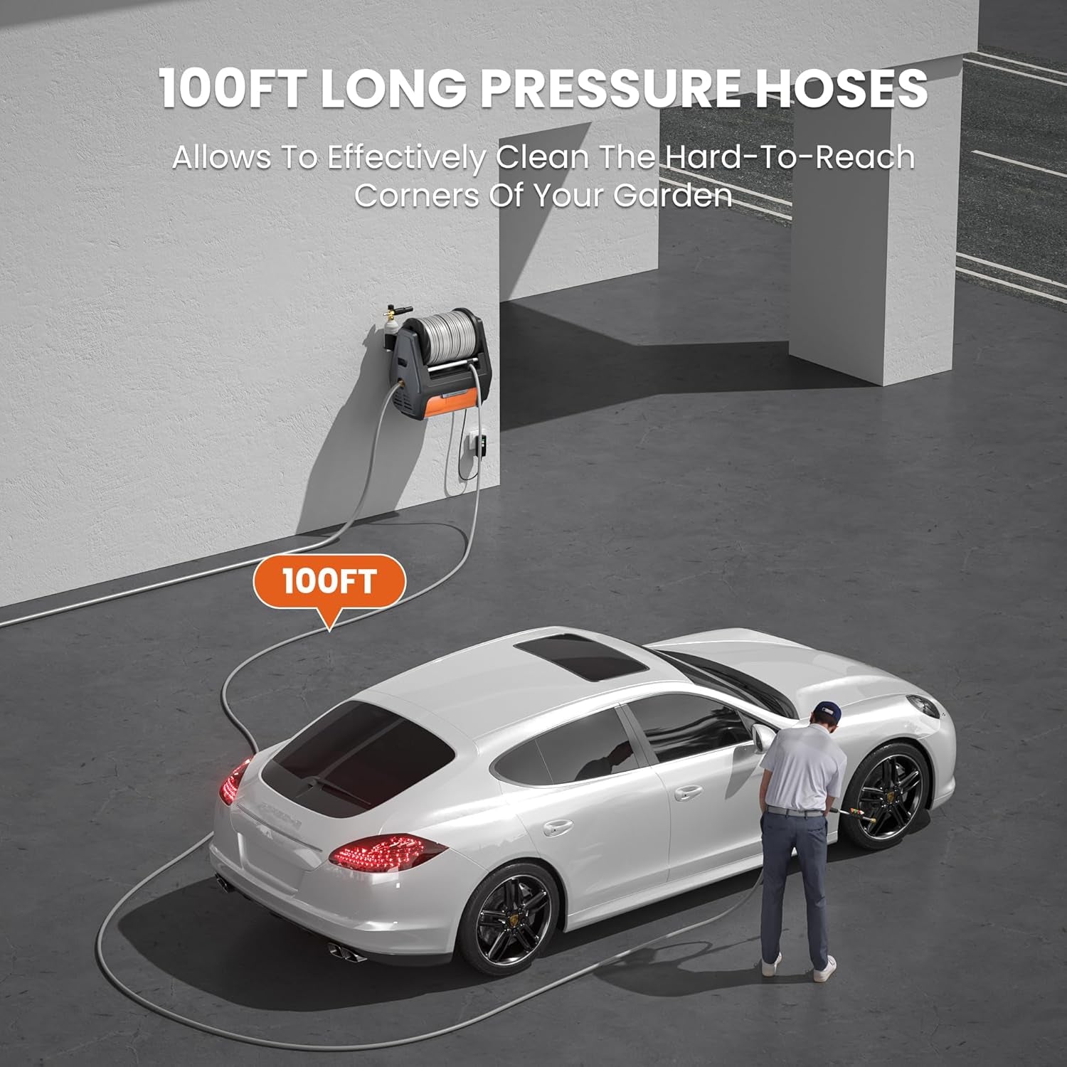 Grandfalls Pro Electric Wall-Mounted Pressure Washer, 3700 PSI, 1.6 GPM, 100FT Retractable Hose, Includes 4 Nozzles and Foam Cannon for Automotive and Patio Cleaning, Dark Silver