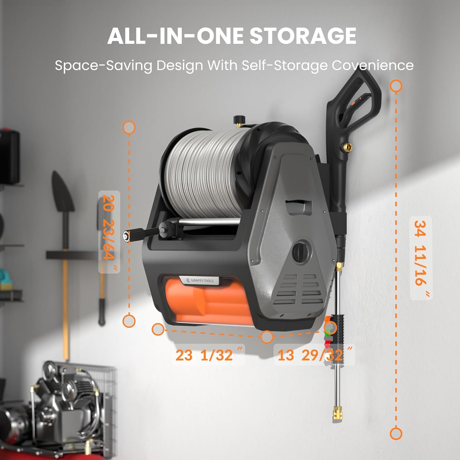 Grandfalls Pro Electric Wall-Mounted Pressure Washer, 3700 PSI, 1.6 GPM, 100FT Retractable Hose, Includes 4 Nozzles and Foam Cannon for Automotive and Patio Cleaning, Dark Silver