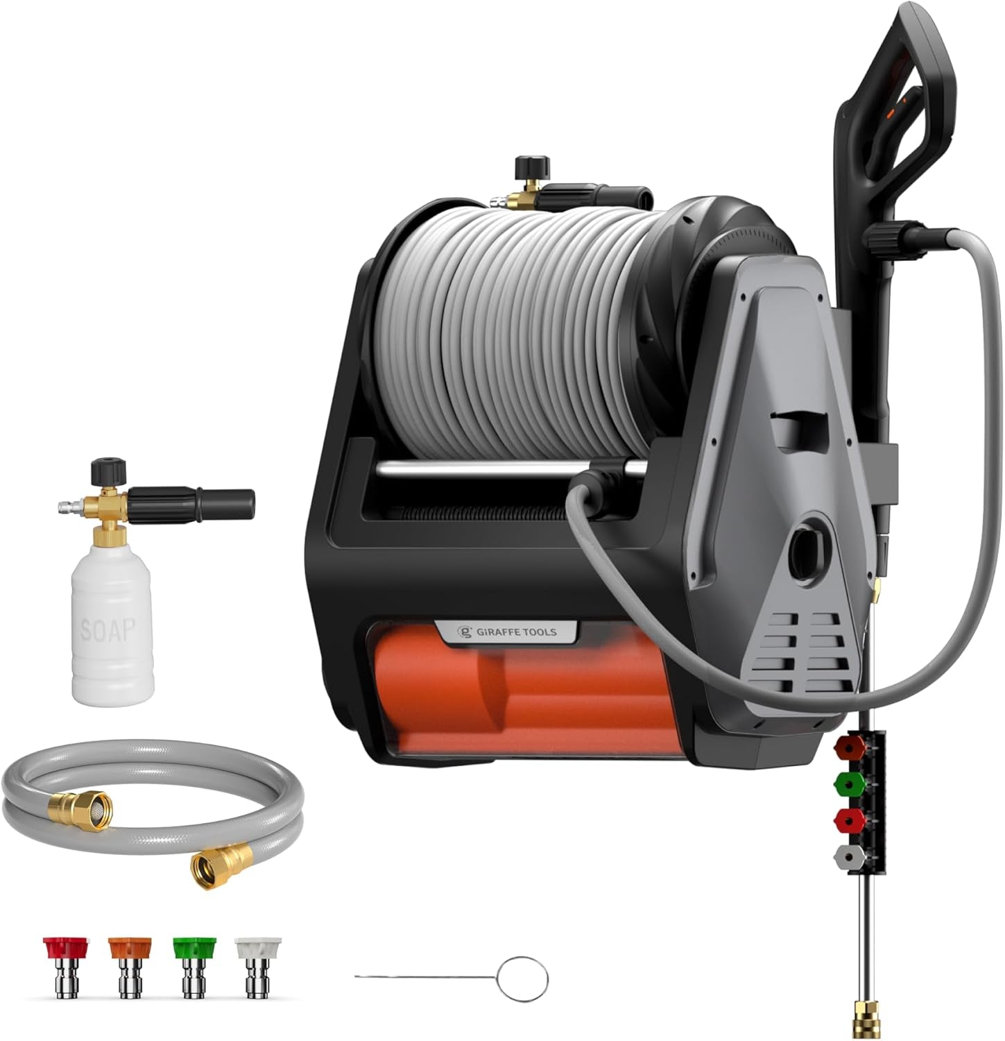 Grandfalls Pro Electric Wall-Mounted Pressure Washer, 3700 PSI, 1.6 GPM, 100FT Retractable Hose, Includes 4 Nozzles and Foam Cannon for Automotive and Patio Cleaning, Dark Silver